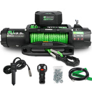 Winch 9500lb Electric Winch 12V Winch with Synthetic Rope Car Trailer Winch with Green Hawse Fairlead Wireless Remote and Wired Handle for Truck SUV