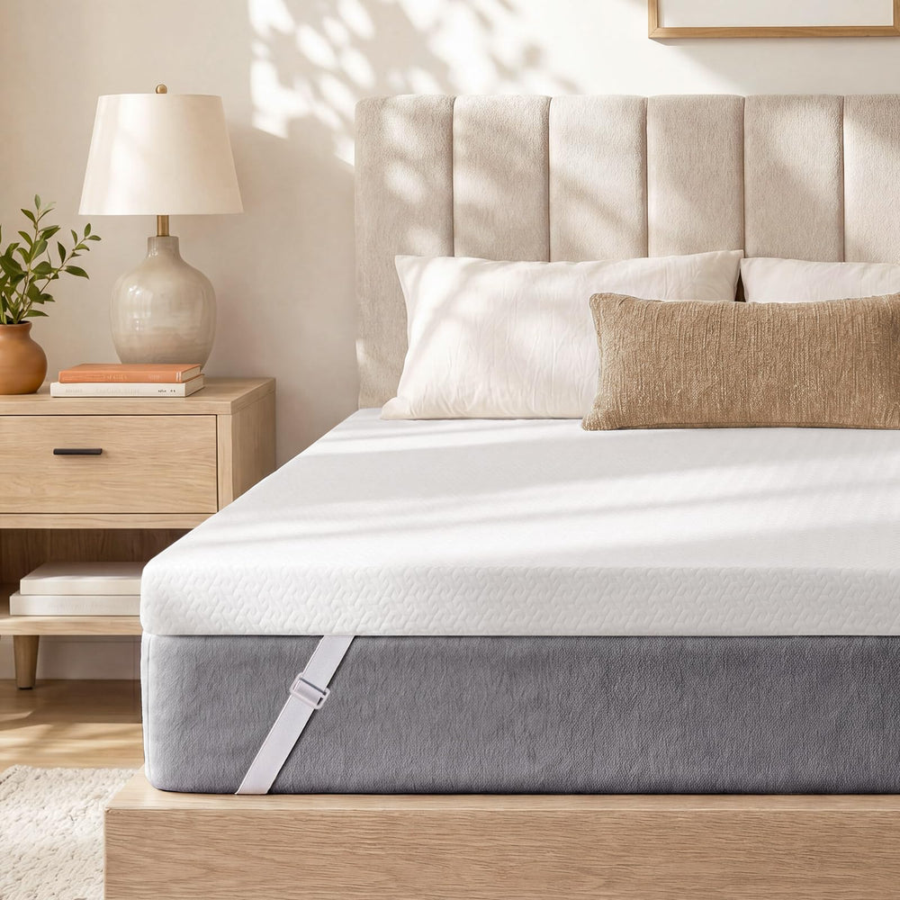 3 Inch King Size Cooling Gel Memory Foam Mattress Topper CertiPUR-US certified. Removable & machine washable cover with adjustable straps. Non-slip mesh bottom