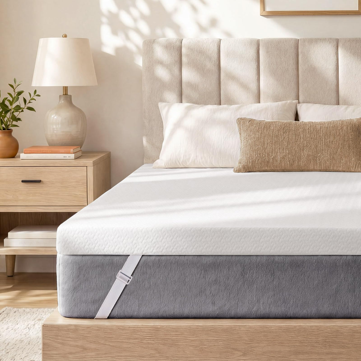 3 Inch King Size Cooling Gel Memory Foam Mattress Topper CertiPUR-US certified. Removable & machine washable cover with adjustable straps. Non-slip mesh bottom