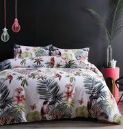 Exotic Modern Floral Print Bedding Birds Flowers Dusty Grey Design 100% Cotton Duvet Cover 3pc Set Hibiscus Blossom Branches in Muted Gray Blue (Super King, Egret White)