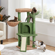 42in Green Cactus Cat Tree Tower with Scratching Posts and Condo Moppy Fabric Cover, Hammock for Indoor Small Kittens and Elder Cats, While the Slim 17in Base Blends into Corners and Decor