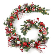 Pre-lit 9 Feet/106 Inch Christmas Garland Candy Shop Red & White Themed with 50 LED Lights Holiday Decorations, Battery Operated (Batteries NOT Included)