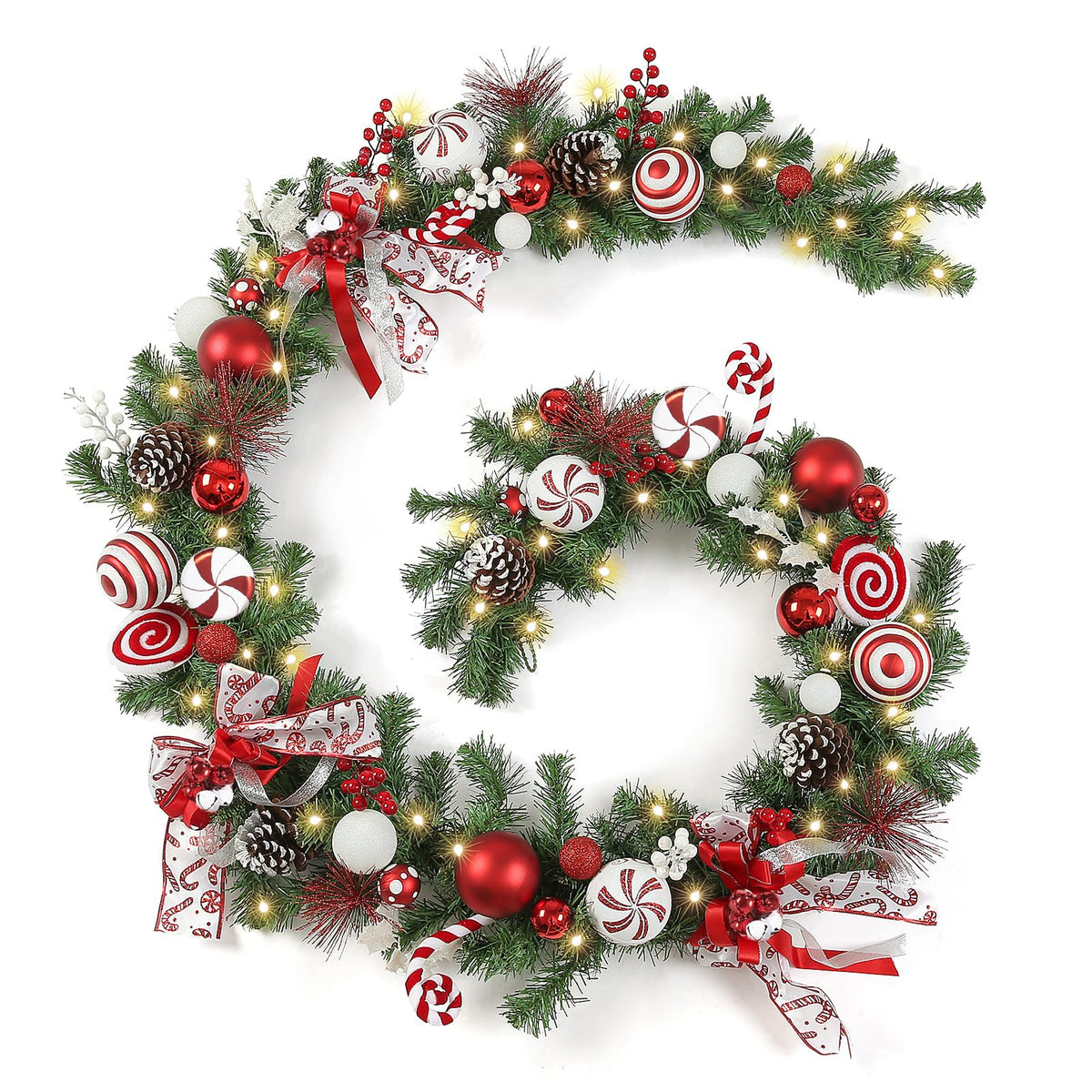 Pre-lit 9 Feet/106 Inch Christmas Garland Candy Shop Red & White Themed with 50 LED Lights Holiday Decorations, Battery Operated (Batteries NOT Included)