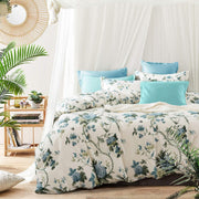 Exotic Modern Floral Print Bedding Birds Flowers Dusty Grey Design 100% Cotton Duvet Cover 3pc Set Hibiscus Blossom Branches in Muted Gray Blue (Super King, Egret White)