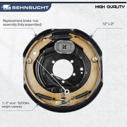 Trailer Axle Electric Brake Kit, 6-Hole, 5.5" Bolt Circle Brake Drum with 12" x 2" Self Adjusting Electric Brakes for 5200lb-6000lb Axles, Replace 12”Brake Hub Drum(A Pair)