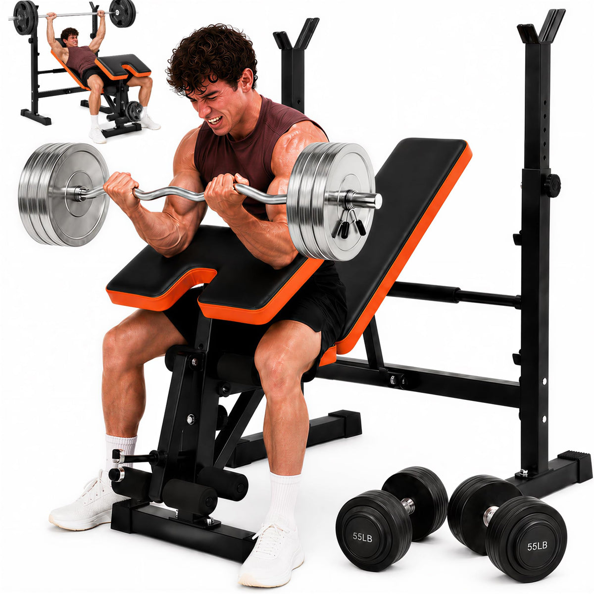 880-1980LBS ASTM-Certified All in One Weight Bench Set Home Strength Bench Press with Rack and Leg Extension/Curl Fits 5-7ft Bars for Strater to Advanced(US Stock)