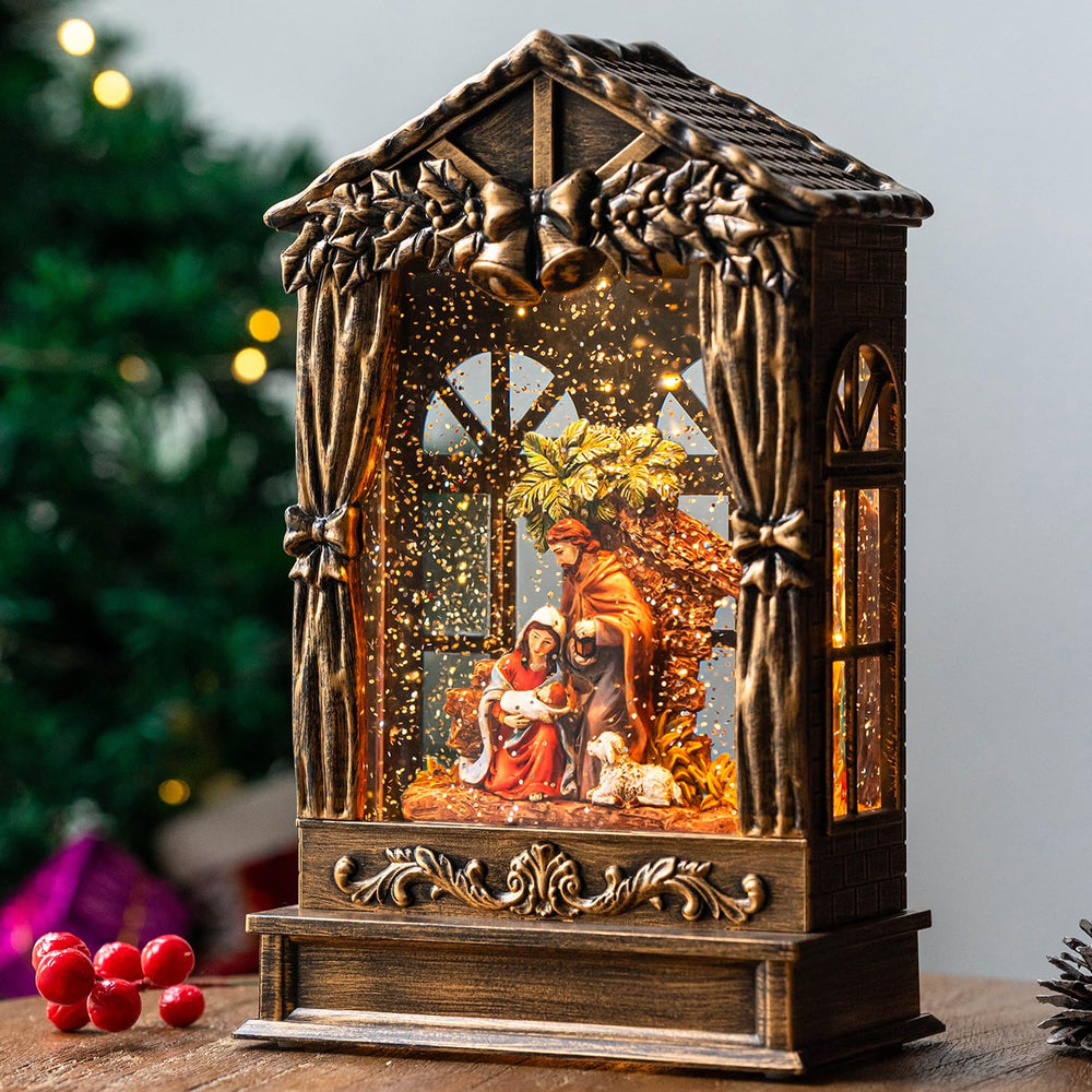 Christmas Snow Globe Lighted Manger Nativity Scene, Musical Holy Family Water Creche Play Silent Night Music in Swirling Glitter, Holiday Decorations Gifts for Family, Children or Friends