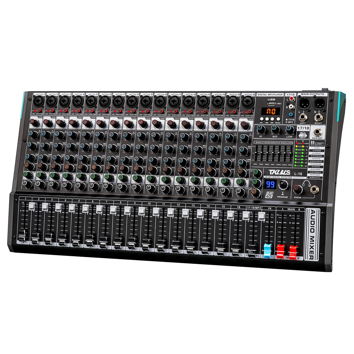 16-Channel Audio Mixer with USB, 99 DSP Effects, 48V Phantom Power