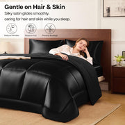 King Size Comforter Set Black, Reversible Satin Microfiber Comforter Set for All Seasons, 3 Pieces Non-Slip Silky Soft Bedding Sets with 1 Comforter (104"x90") and 2 Pillowcases (20"x36")