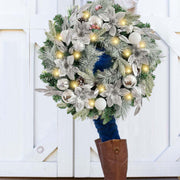 Pre-Lit 24 Inch Silver White Christmas Wreath for Front Door Timer Winter Lighted Xmas Wreath Indoor Outdoor Decoration with Ball Ornaments,Poinsettia,Battery Operated 30 LED Lights