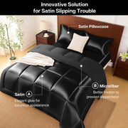 King Size Comforter Set Black, Reversible Satin Microfiber Comforter Set for All Seasons, 3 Pieces Non-Slip Silky Soft Bedding Sets with 1 Comforter (104"x90") and 2 Pillowcases (20"x36")