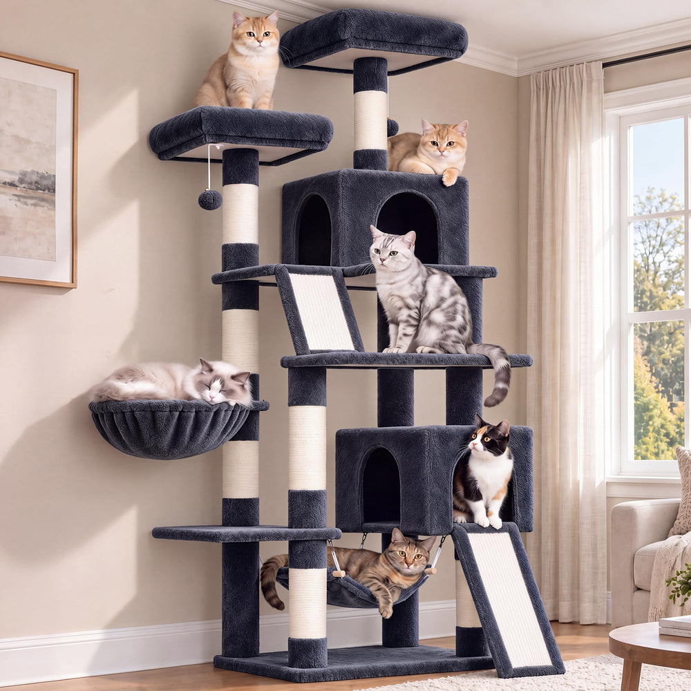 Cat Tree, 71'' Tower for Large Cat with Scratching Post, GCT032G 2 Cat Condo House for Indoor Cats Large Adult, 2 Scratching Boards, 7 Posts, 2 Plush Perches, Hammock, Basket, Smoky Gray