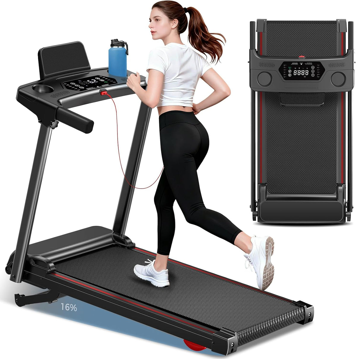 Treadmill with 0-16% Auto Incline, 0.6-7.5MPH Walking Pad Treadmills for Home, 3.0 HP Low Noise Foldable Treadmill with Handle Bar and LED Display, Walking Running Machine, 350LBS Capacity