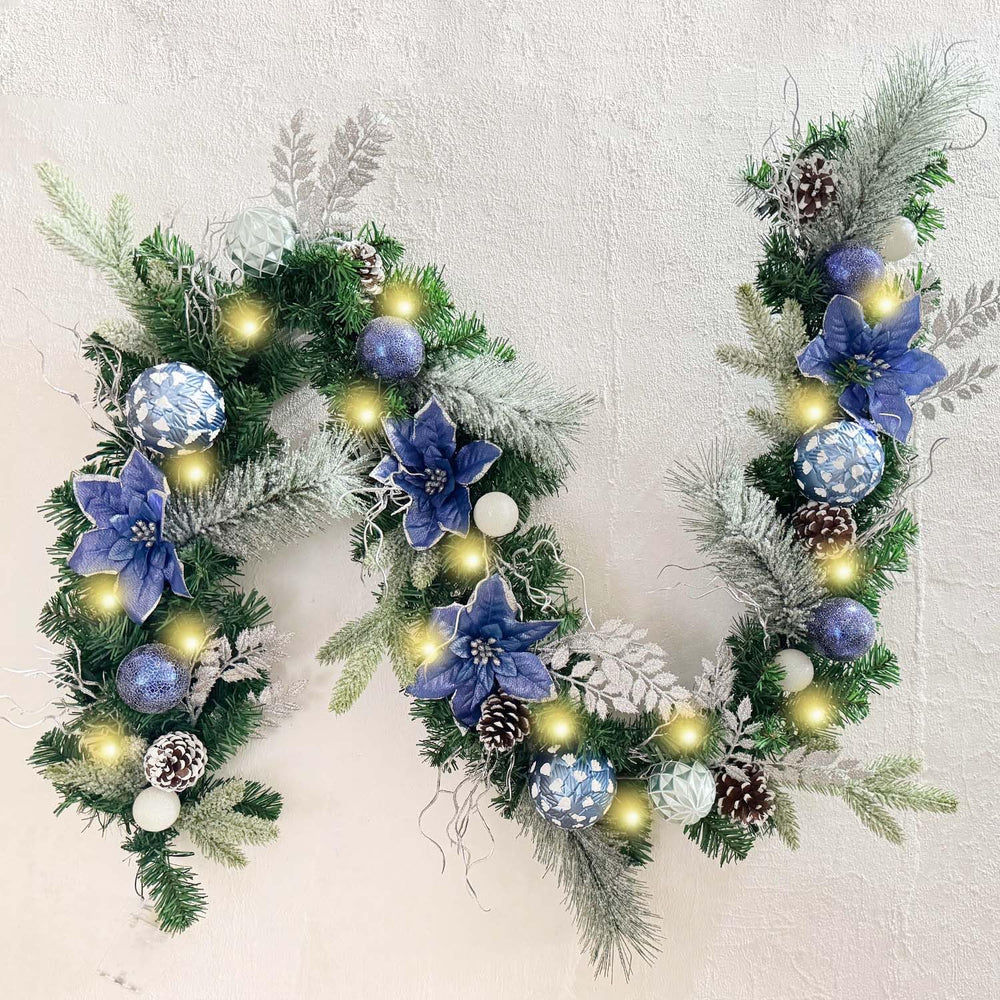 Pre-Lit 6ft Silver Blue Christmas Garland with 30 LED Lights Frozen Winter Xmas Lighted Garland for Mantel with Poinsettia,Pine Cones,Ball Ornaments,Battery Operated Indoor Outdoor Decor