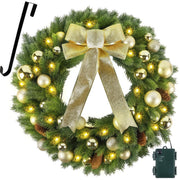 21" Lighted Christmas Wreath with Metal Hanger, Pre-lit Xmas Folded Wreath with LED Lights, Golden Bow & Balls, Battery Operated & Timer for Front Door Gate Wall Holiday Party Decor