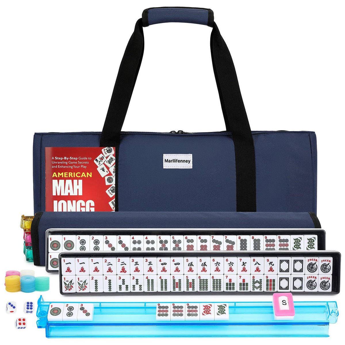 American Mahjong Tile Set,166 White Tiles Mahjong Set,4 Colors Mahjong Racks,Travel Mahjong Set with Blue Carrying Bag