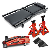 6-Pc 2 Ton Car Jack, Jack Stand, Creeper, Wheel Chocks Set 6-pc garage set includes 2-ton floor jack, jack stands, folding creeper and wheel chocks for vehicle lifting and maintenance