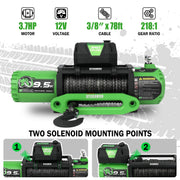Winch 9500lb Electric Winch 12V Winch with Synthetic Rope Car Trailer Winch with Green Hawse Fairlead Wireless Remote and Wired Handle for Truck SUV