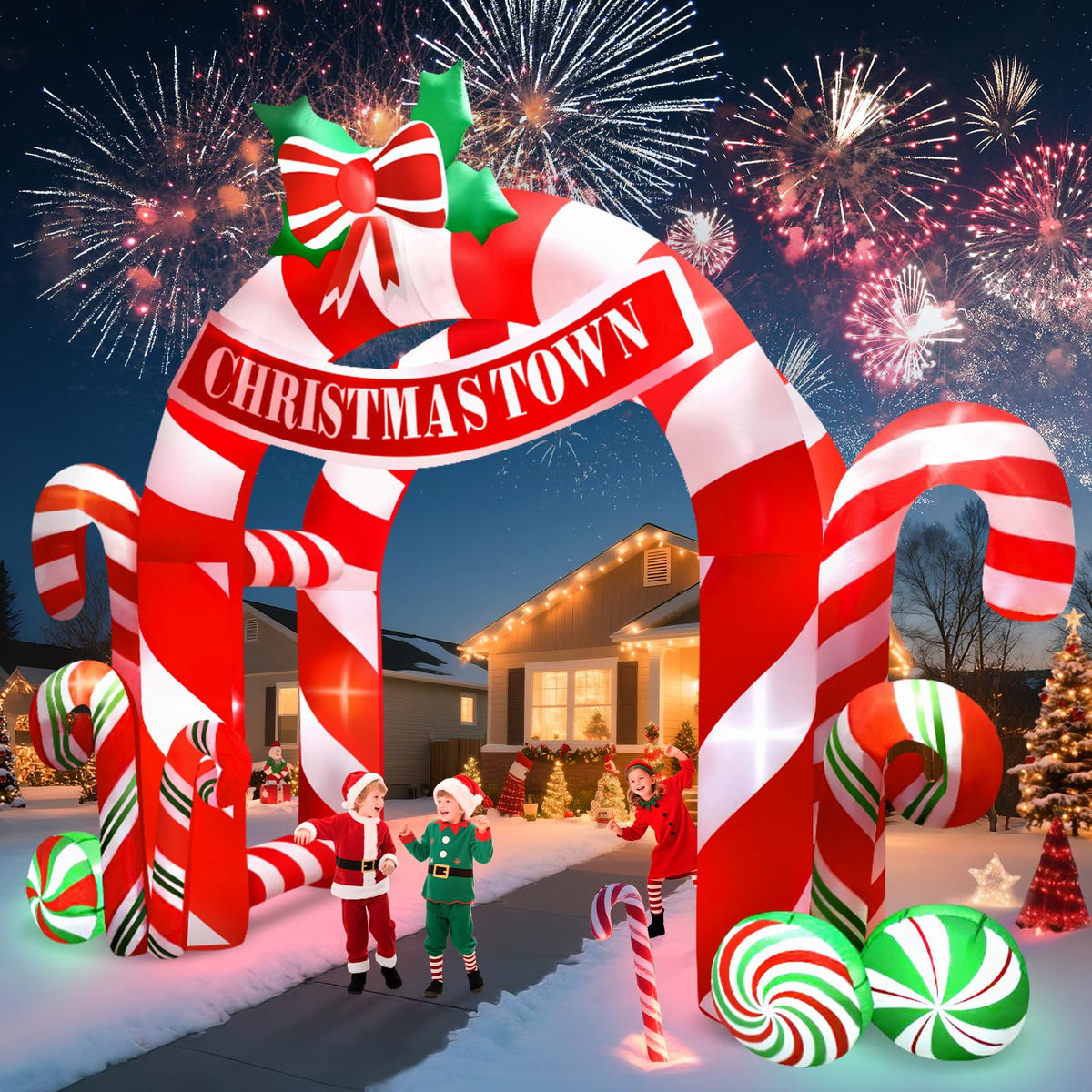 13FT Christmas Inflatables Archway Outdoor Decorations Giant Xmas Candy Arch Inflatable Stereoscopic Blow up Christmas Yard Decoration for Garden Lawn Party Decor