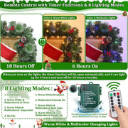 Remote Control - 18FT Long Prelit Outdoor Christmas Garland with Lights Christmas Garland for Stairs Porch Front Door 100 Warm & Colorful Lights Timer 8 Mode Thick 352 Branch 10 Pinecone 50 Berry