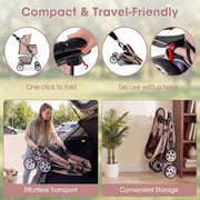 Foldable Pet Stroller for Small Dogs & Cats, Lightweight Dog Stroller with Lockable Wheels, One-Hand Quick Fold, Adjustable Canopy, Safety Leash & Storage Basket, Pet Travel Stroller, Beige