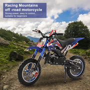 49cc 2-Stroke Kids Dirt Bike, Gas Power Motocross, Off Road Mini Motorcycle, Children Pocket Motorbike with Front Rear Disc Brakes, Pull Start Trail Bike,Up to 25MPH (Blue)