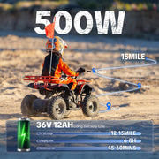 Electric 4 Wheeler, 36V 500W Electric ATV Kids, 10-15 MPH, Orange