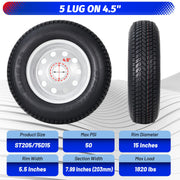 ST205/75D15 Trailer Tires with 15 in Rims, 5 Lug on 4.5 in, Load Range C, 6PR