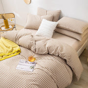 Tan Gingham Comforter Set King, Plaid Comforter Set 3 Pieces 1 Beige Grid Comfoter with 2 Pillow Cases for All Seasons, Soft Fluffy Modern Grid Pattern Printed Bedding-King Size