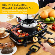 Electric Raclette Grill With Fondue Pot, 1100W Table Grill for 8 Peopl 3-In-1 Raclette, Fondue And Grill Design, 1100W Heating, 8 Serving Pans, Adjustable Temperature for Indoor Gatherings