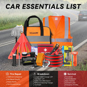 Car Emergency Safety Kit Bag with Portable Air Compressor, Jumper Cables,First Aid Kit, Tire Pressure Gauge, Auto Vehicle Safety Road Side Assistance Kits Essentials,for Women, Men, Teen