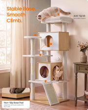 Cat Tree, 5-Tier Cat Tower with 2 Condos, 55.1 in Cat Furniture, 17.7 x 19.7 x 55.1 in, Washable Perch, Oak Beige and Cloud White, CAEN Collection, UPCT303Y101