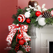 Pre-lit 9 Feet/106 Inch Christmas Garland Candy Shop Red & White Themed with 50 LED Lights Holiday Decorations, Battery Operated (Batteries NOT Included)