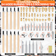 203PCS Wood Burning Kit, 100W Digital Wood Burner Tool with Adjustable Temperature, Pyrography Pen Set with 54 Tips, Letter Number Stamps, 10 Stencils, Transfer Papers, Carving Tools & Case