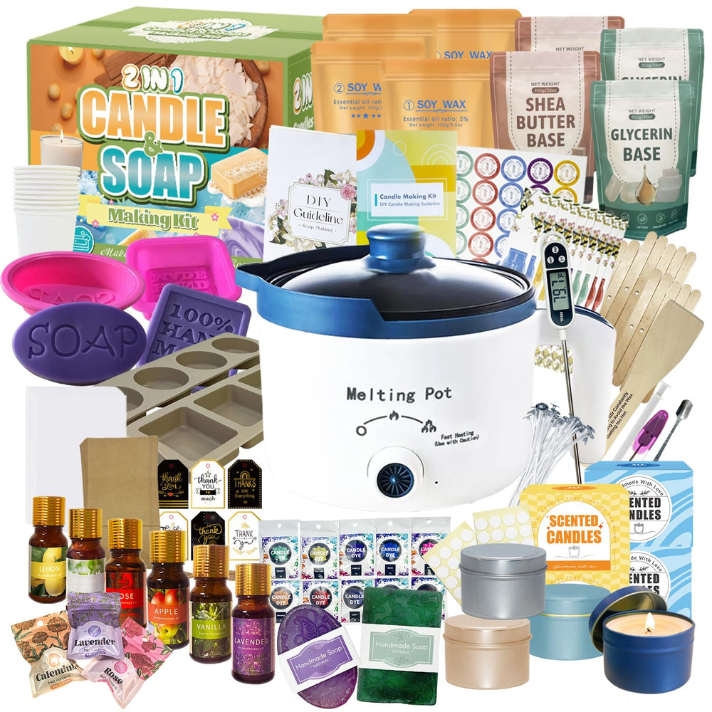 2-in-1 Candle & Soap Making Kit for Adults Begineers DIY Craft Kit Complete Candle and Soap Supplies Kit with Melter, DIY Kit Make Soaps and Scented Candles, Soap Base, Soy Wax, Molds