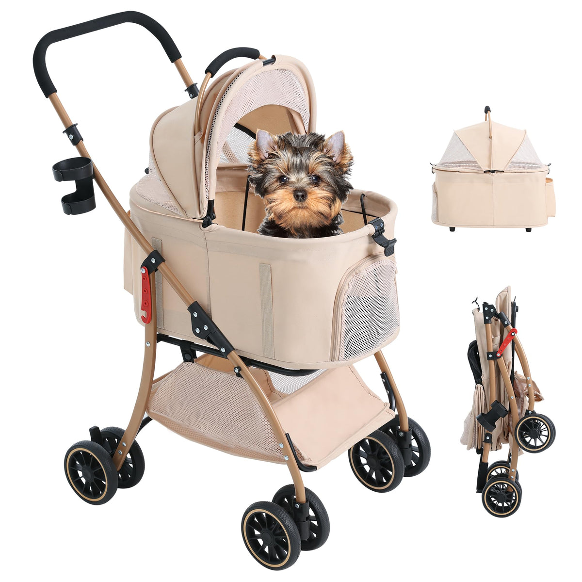 Dog Stroller, 22" Pet Cradle for Small Dog, Pet Stroller with 4 Pu Wheels, 10Lbs Ultra-Light Dog&Cat Stroller for Small Pets, Max 22Lbs Capacity Detachable & Foldable Design with Cup Holder