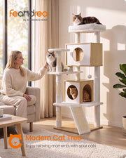Cat Tree, 5-Tier Cat Tower with 2 Condos, 55.1 in Cat Furniture, 17.7 x 19.7 x 55.1 in, Washable Perch, Oak Beige and Cloud White, CAEN Collection, UPCT303Y101