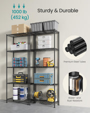 5-Tier Storage Shelves, Adjustable Wire Shelving Unit, 8 Hooks Kitchen Metal Rack, Shelf Liners, for Garage, 11.8 x 23.6 x 63 Inches, Ink Black, DALTEN Collection ULGR165BH01