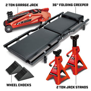 6-Pc 2 Ton Car Jack, Jack Stand, Creeper, Wheel Chocks Set 6-pc garage set includes 2-ton floor jack, jack stands, folding creeper and wheel chocks for vehicle lifting and maintenance