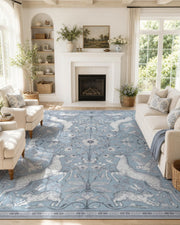 8x10 Washable Area Rug for Living Room, Woodland Deer Boho Animal Rug, Vintage Botanical Green Non-Slip Low Pile Large Carpet for Bedroom Dining Room Nursery Farmhouse Decor
