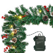 10Ft Christmas Garland with 50 LED Lights - 2 Pack Pre-lit Outdoor Xmas Garland with Timer - Pine Garland with Red Berries Snow Pine Cones - 10 Foot By 10 Inch