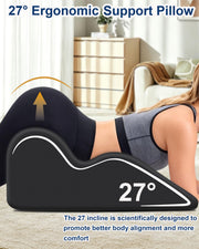 Ergonomic Memory Foam Wedge Pillow, 27° Bed Wedge Support, Black Reading Reclining Sit Up Support, Upper Body Leg Elevation Comfort, Neck Back Waist Support, Removable Cover, Anti-Slip Base