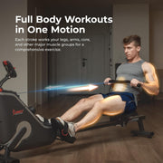16-Level Magnetic Rowing Machine with Extended Slide Rail, App-Ready Monitor, Wide Seat, Black, 350 lb Capacity