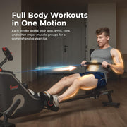 16-Level Magnetic Rowing Machine with Extended Slide Rail, App-Ready Monitor, Wide Seat, Charcoal, 300 lb Capacity