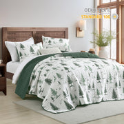 Green Quilt Set King Size 3 Pieces, Reversible Fine Printed Bedspreads with Forest Tree Pattern, Soft and Lightweight Bed Coverlet Bedding Sets for All Season