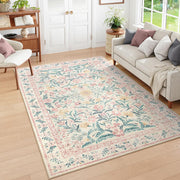 Boho Washable Rug 8x10, Large Area Rug for Living Room, Soft Floral Carpet for Bedroom Non Slip, 8 x 10 Indoor Beige Carpets for Nursery Dining Room Apartment Office Decor