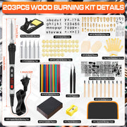 203PCS Wood Burning Kit, 100W Digital Wood Burner Tool with Adjustable Temperature, Pyrography Pen Set with 54 Tips, Letter Number Stamps, 10 Stencils, Transfer Papers, Carving Tools & Case