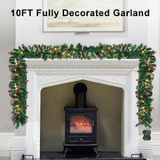 10Ft Christmas Garland with 50 LED Lights - 2 Pack Pre-lit Outdoor Xmas Garland with Timer - Pine Garland with Red Berries Snow Pine Cones - 10 Foot By 10 Inch