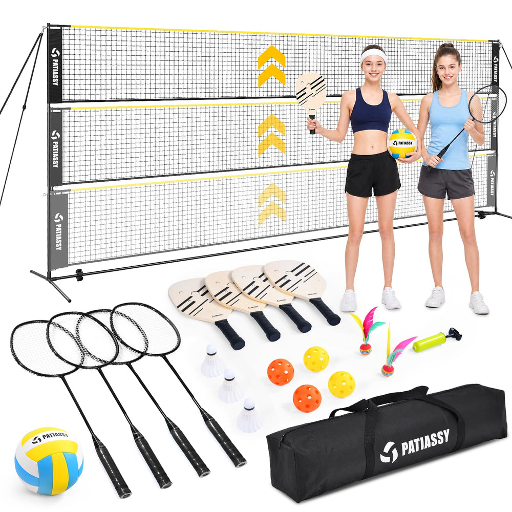 3-in-1 Volleyball Badminton Pickleball Net Set Adjustable Height Indoor & Outdoor Games, 17FT Portable Net, Height Adjustable 5.1-7.4FT, Combo Set with Balls Rackets Shuttlecocks Carry Bag