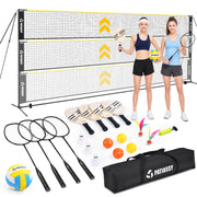 3-in-1 Volleyball Badminton Pickleball Net Set Adjustable Height Indoor & Outdoor Games, 17FT Portable Net, Height Adjustable 5.1-7.4FT, Combo Set with Balls Rackets Shuttlecocks Carry Bag